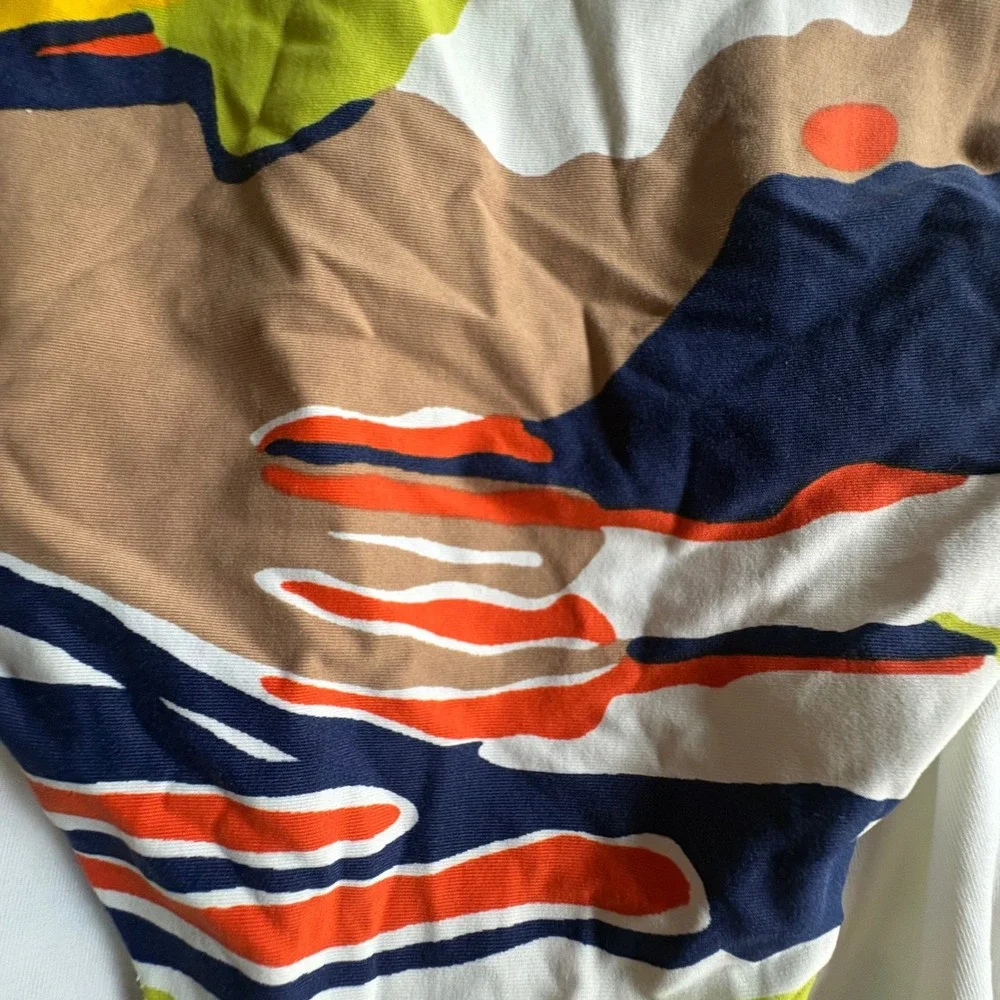 $172 Trina Turk Sz SMALL Abstract Halter Gold Belted One Piece Swimsuit Blue Red